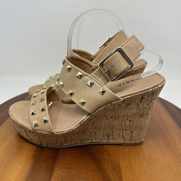 Torrid Studded Double Strap Platform Sandals Wedge Size 11WW Tan Extra Wide Cork - Picture 5 of 13